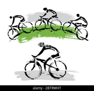 Mountain bikers on a hill. Two expressive grunge stylized illustrations of mountain bikers. Vector available. Stock Vector