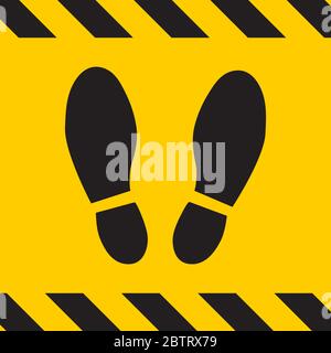 Footprint social distancing sign yellow and black colors. Keep zone and set position. Social distancing concept. Protection from Covid-19 Stock Vector