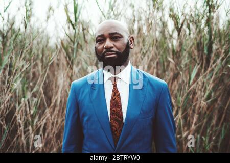 Portrait of a handsome mature bearded bald African man standing in front of thickets of reeds in an elegant blue business costume with a tie; a fancy Stock Photo