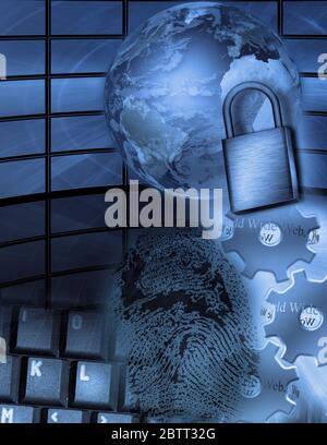 Online Identity. Fingerprint, padlock and keyboard Stock Photo