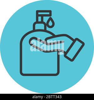 hand with soap bottle icon over white background, block line style, vector illustration Stock Vector