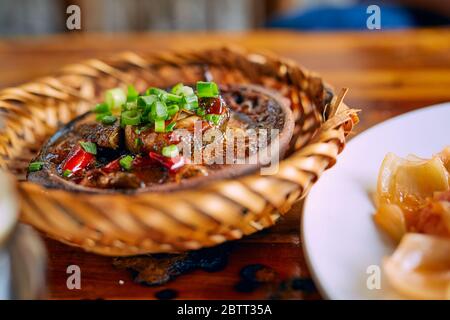 Vietnamese seafood in a pot boiling with crab and spices yummy Stock Photo