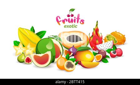Mountain of exotic fruits on white background, fruit market store logo and banner, vector illustration. Stock Vector