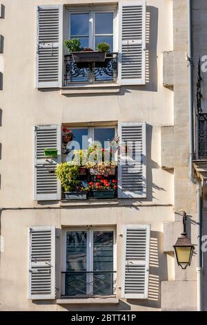 Paris, France - May 14, 2020: Window with flowers in a parisian house Stock Photo