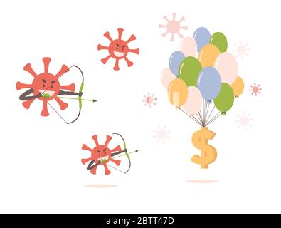 Angry red coronavirus cells attack dollar sign tied to air balloons. Covid-19 outbreak affects the whole world, economic crisis during global pandemic of coronavirus vector flat concept. Stock Vector