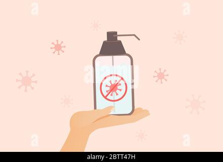 Pump spray bottle with medical antiseptic vector flat illustration. Disinfection alcohol liquid on the hand. Protection against Coronavirus, defend yourself, and fight the viruses concept. Stock Vector