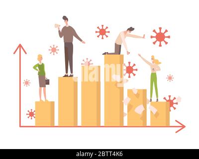 Bar graph during Coronavirus with business people on it vector flat illustration. Covid-19 affects whole world, indicators of sick, businessmen during the economic crisis due to covid-19 outbreak. Stock Vector