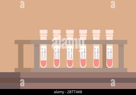 Glass medical tubes with blood test on covid-19 vector flat illustration. All tests negative, one positive. Vaccine developing, virus analysis in laboratory. Laboratory tests for virus treatments. Stock Vector