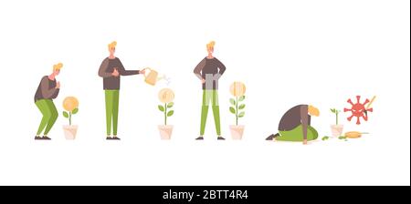 Young man save money, make investments, and lose money because of coronavirus. Businessman or investor lost all assets vector flat illustration. Coronavirus financial crisis concept. Stock Vector
