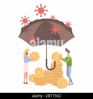 People protect savings from coronavirus epidemic outbreak vector flat illustration. Young woman and man in protective masks hold gold coins in hands. Umbrella against the rain of covid-19 cells. Stock Vector