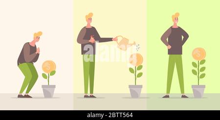 Young man watering money coin tree, making savings and his asset growing vector flat illustration. Businessman grows his investments. Income from investment, earnings, economic growth concept. Stock Vector