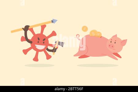 Evil red coronavirus cell hunts and attacks the piggy Bank. Piggy Bank with gold coins run away from angry covid-19 cell vector flat illustration. Concept of global economic crisis around the world. Stock Vector