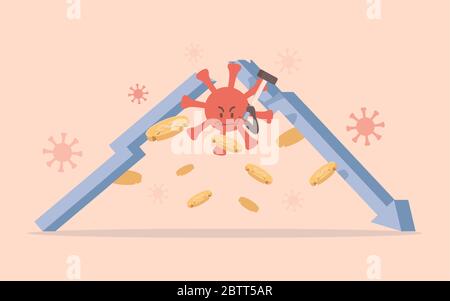 Evil red coronavirus cell destroy world economy flat illustration. Global economic crisis, economic recession due to outbreak of covid-19 virus. Coronavirus cell attacks gold coins vector concept. Stock Vector