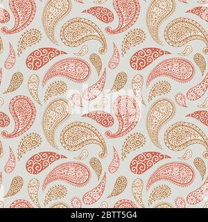 Paisley pattern background, seamless floral ornament, vector simple vintage style design. Abstract vintage Paisley pattern decoration, red, pink, pastel light blue and white pale color background Stock Vector