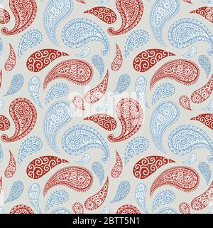 Paisley pattern on yellow background, seamless gold, red and white floral ornament, vector design. Abstract simple vintage Paisley pattern decoration, pastel pale colors floral fabric background Stock Vector