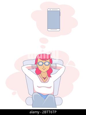 Vector drawing of a sitting and dreaming girl with closed eyes. Above it is a cloud with a picture of a phone Stock Vector