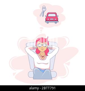 Vector drawing of a sitting and dreaming girl with closed eyes. Above it is a cloud with a picture of keys and a car. Stock Vector