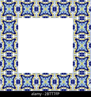 Portuguese Azulejos tile seamless pattern. Traditional Portuguese Mosaic tile decoration. Watercolor blue and yellow artwork. Antique ceramics tileable, heritage. Old painted panel with floral pattern Stock Photo