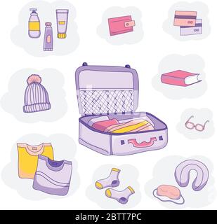 Set of vector pictures of luggage, clothes on a blue background. We pack in a suitcase for travel on vacation. Bon voyage. Stock Vector