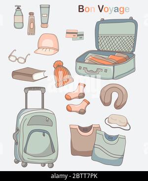 Set of vector pictures of luggage, clothes and things for travel on vacation. Bon voyage. Stock Vector