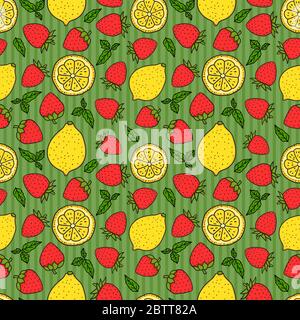 Strawberries and lemons on green striped Seamless pattern texture. Yellow and Red colors. Whole lemon and a round slice. Vector hand drawn Stock Vector