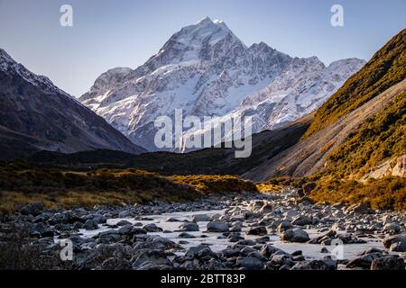 View of Mount Cook and river, Mount Aoraki National park, Southern Alps, New Zealand Stock Photo