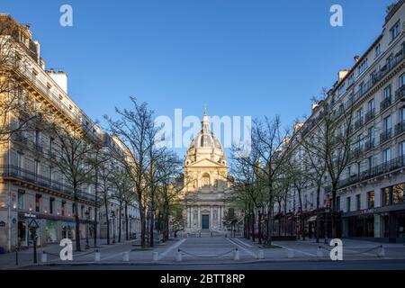 Paris, France - March 30, 2020: 14th day of containment because of Covid-19 in front of Sorbonne university in Paris. Nobody in the street Stock Photo