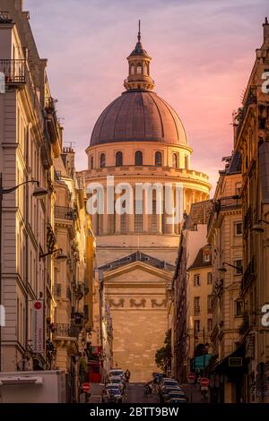 Paris, France - April 17, 2020: Street in Paris with Pantheon monument in background at sunset Stock Photo