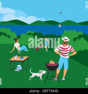 Family barbecue BBQ picnic on nature flat vector. Summer outdoors activity concept. River bank scene cartoon background. Season holiday leisure backgr Stock Vector