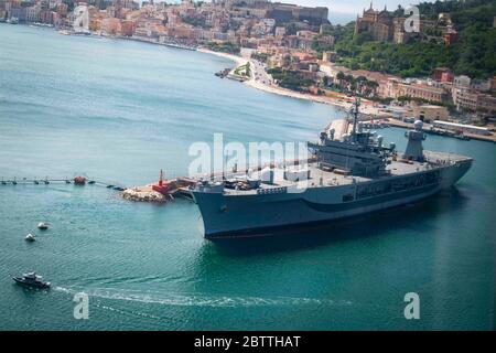 The U.S. Navy Blue Ridge-class command and control ship USS Mount Whitney docked at homeport May 15, 2020 in Gaeta, Italy. Stock Photo