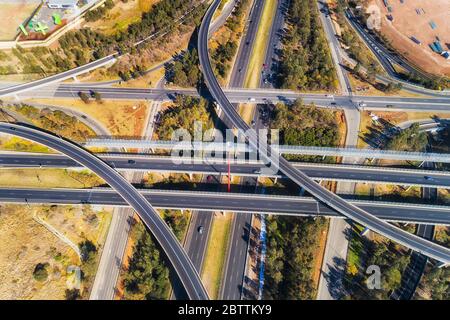 Lighthorse intersection between two major motorways in Greater Sydney - M4 and M7. Overhead aerial view top down. Stock Photo