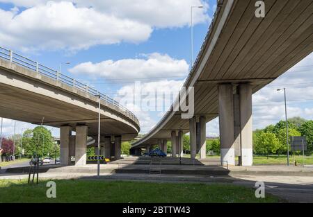The flyovers of the M11 and A406 going over Charlie Browns Roundabout in Woodford. Essex Stock Photo