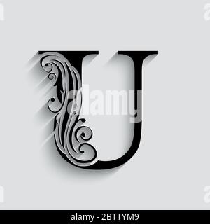 letter U. Black flower alphabet.  Beautiful capital letter with shadow Stock Vector