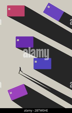 Credit cards cast long shadows and are seen from above as a human figure walks by  also casting a shadow. Text area on half blank cards. Stock Vector