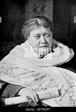 1890 c. , USA : The russian-born Madame Helena Petrovna BLAVATSKY von Hahn ( 1831 - 1891 ). Celebrated woman Theosopyst , phylosopher , occultist, mystic , spiritualist traveller and writer . Founder of THEOSOPHICAL SOCIETY in 1875 . In this photo with the ring of HIGHT PRIESTESS with symbol of Theosophy: ring with green stoneflecked with veins of blood red engraved with interlaced triangles in a circle, with in dian motto Sat ( Life ), was gived to Blavatsky by her Indian teacher Damodar Mavalankar in 1880  .- MEDIUM - Medianità - Sedute spiritiche - spiritualism - theosophy  - OCCULTISMO - O Stock Photo