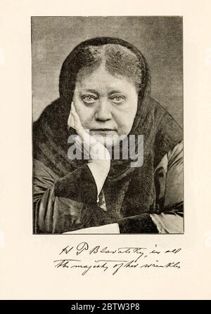 1890 c. , USA : The russian-born Madame Helena Petrovna BLAVATSKY von Hahn ( 1831 - 1891 ). Celebrated woman Theosopyst , phylosopher , occultist, mystic , spiritualist traveller and writer . Founder of THEOSOPHICAL SOCIETY in 1875 . In this photo with the ring of HIGHT PRIESTESS with symbol of Theosophy: ring with green stoneflecked with veins of blood red engraved with interlaced triangles in a circle, with in dian motto Sat ( Life ), was gived to Blavatsky by her Indian teacher Damodar Mavalankar in 1880  .- MEDIUM - Medianità - Sedute spiritiche - spiritualism - theosophy  - OCCULTISMO - O Stock Photo