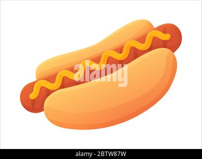 Tasty bright Hot Dog symbol. Grilled Sausage on bun with mustard. Fast food concept. Can be used for web, menu, banner. Stock vector illustration Stock Vector