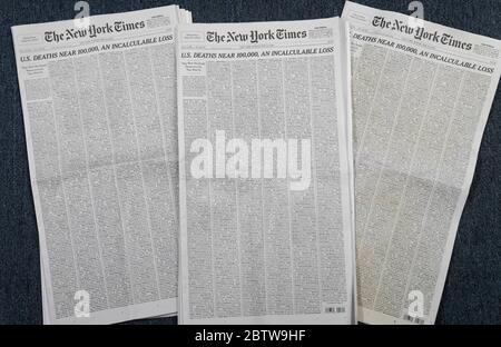 Beijing, COVID-19 in the United States. 24th May, 2020. 'New York Times' publishes the names of 1,000 people who died of COVID-19 in the United States, on its front page May 24, 2020. Credit: Wang Ying/Xinhua/Alamy Live News