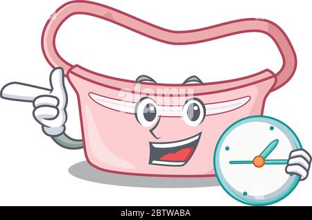 mascot design style of women waist bag standing with holding a clock Stock Vector