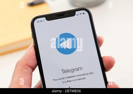 CHIANG MAI, THAILAND JAN 19 2020 : Telegram application on Apple iPhone Xs Stock Photo