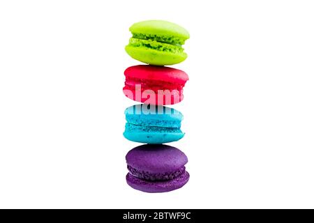 Sweet and colourful french macaroons or macaron  isolated on white background.Saved with clipping path. Stock Photo