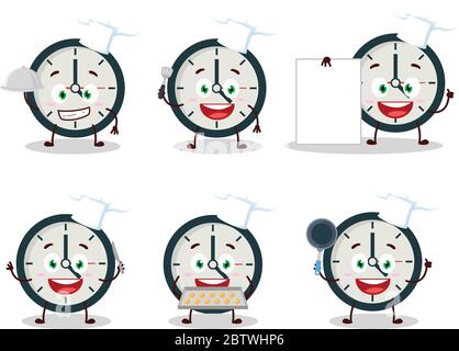 Cartoon character of clock with various chef emoticons Stock Vector