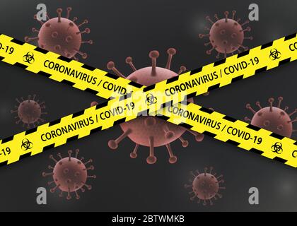 Caution biohazard black and yellow striped borders with virus. Stop coronavirus warning banner Stock Vector