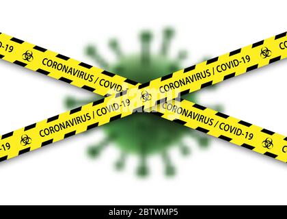 Caution biohazard black and yellow striped borders with virus. Stop coronavirus warning banner Stock Vector