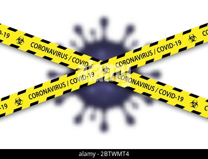 Caution biohazard black and yellow striped borders with virus. Stop coronavirus warning banner Stock Vector