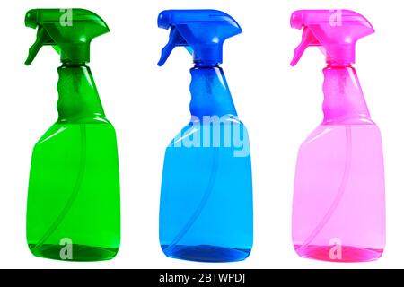 Three multicolored plastic water spray bottles isolated on white background. Blank plastic spray detergent bottles isolated on white background. Empty Stock Photo