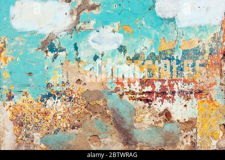 An old weathered and deteriorated vintage wall in the city center of Antigua in Guatemala. Perfect for a background or wallpaper. Stock Photo