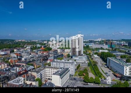 KATOWICE, POLAND - MAY 27, 2020: Aerial photo of modern city center of Katowice, Upper Silesia. Poland. Stock Photo