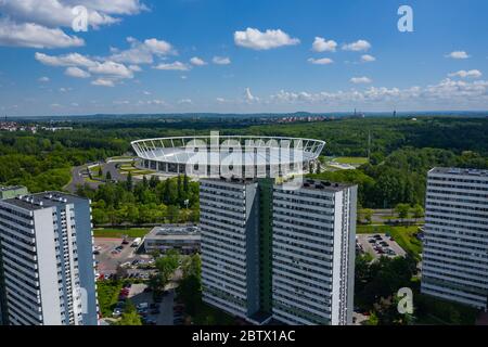 Aerial view of football stadium in Chorzow City, Poland. Photo made by drone from above. Stock Photo