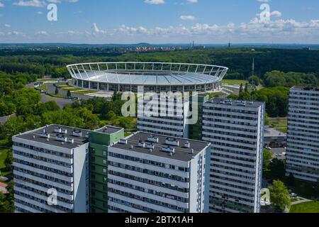 Aerial view of football stadium in Chorzow City, Poland. Photo made by drone from above. Stock Photo